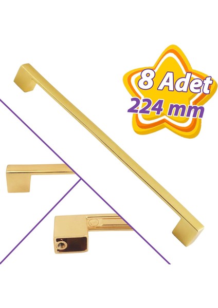 8 Adet Marmara Kulp 224 mm Altın Mutfak Kulpu Çekmece Dolap Kapak Kulbu Metal Mobilya Dolabı Kulpları