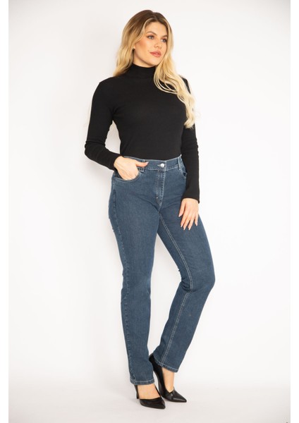 Kadın Lacivert Arka Kemer Lastikli 5 Cepli Kot Pantolon 65N35149