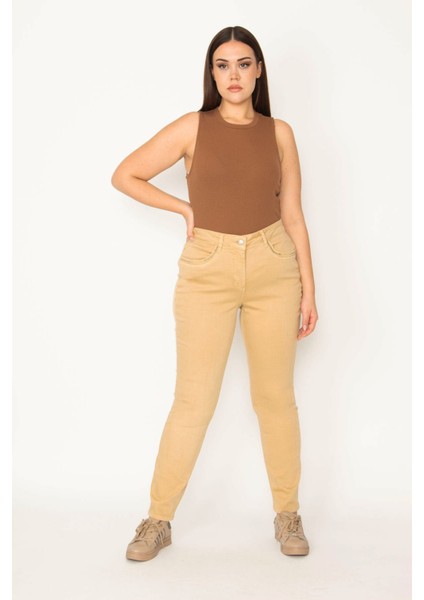 Kadın Camel Cep Ağzı ve Arka Cebi Nakış Detaylı Yüksek Bel Likralı Kot Pantolon 65N30958