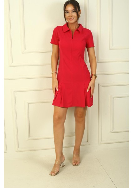 Önü Fermuarlı Pile Detaylı Likralı Krep Elbise fiyatları