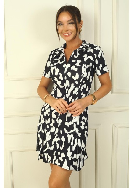 Önü Fermuarlı Leopar Desenli Pile Detay Krep Elbise fiyatları