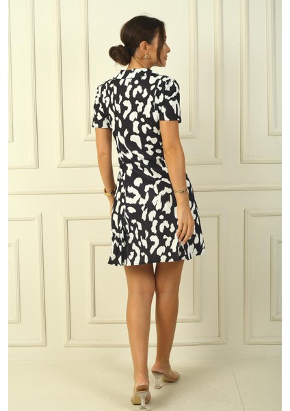 Önü Fermuarlı Leopar Desenli Pile Detay Krep Elbise fırsatları