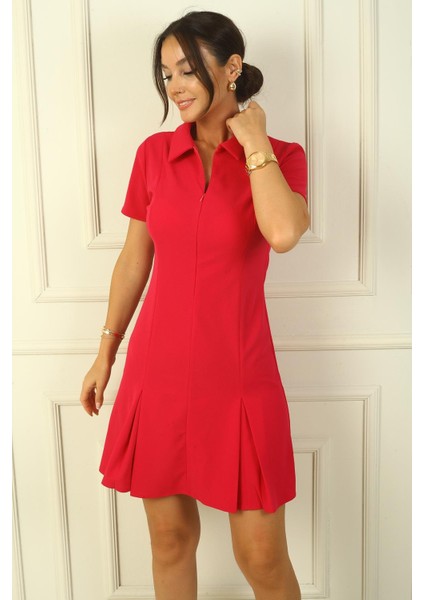 Önü Fermuarlı Pile Detaylı Likralı Krep Elbise modelleri