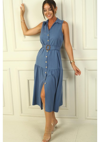 Önü Düğmeli Beli Kuşaklı Uzun Elbise