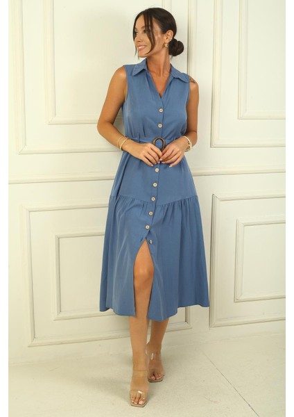 Önü Düğmeli Beli Kuşaklı Uzun Elbise fiyatları