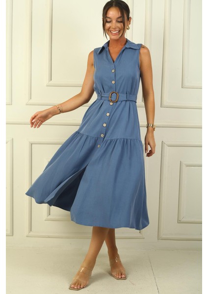 Önü Düğmeli Beli Kuşaklı Uzun Elbise modelleri