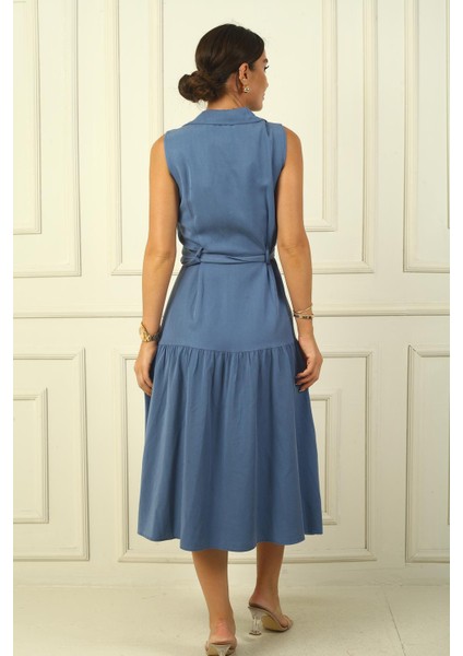 Önü Düğmeli Beli Kuşaklı Uzun Elbise fırsatları