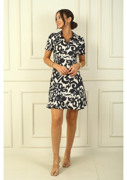 Önü Fermuarlı Etnik Desen Pile Detaylı Krep Elbise fiyatları