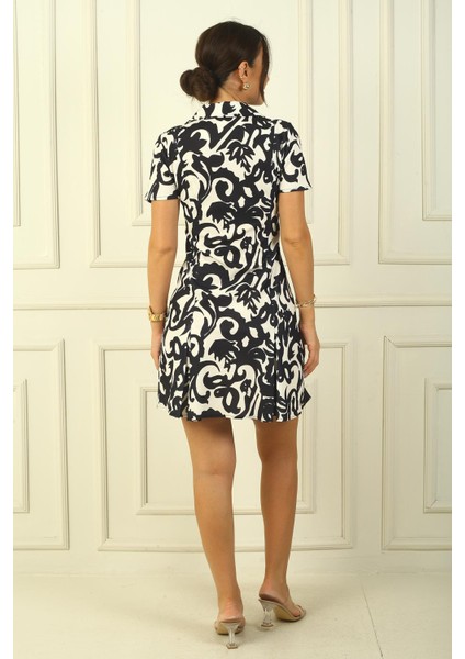 Önü Fermuarlı Etnik Desen Pile Detaylı Krep Elbise fırsatları