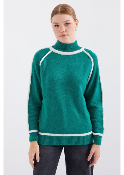 15879 Çizgili Oversize Triko Kazak - Zümrüt Yeşili