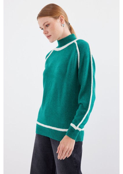 15879 Çizgili Oversize Triko Kazak - Zümrüt Yeşili