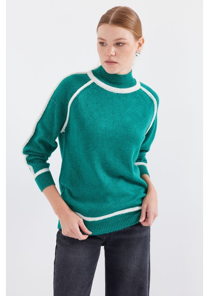 15879 Çizgili Oversize Triko Kazak - Zümrüt Yeşili