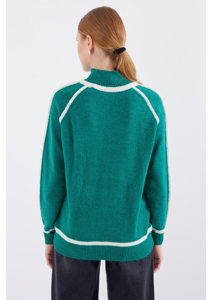 15879 Çizgili Oversize Triko Kazak - Zümrüt Yeşili