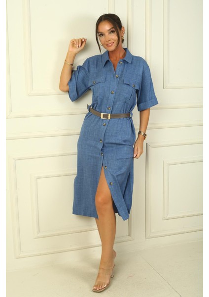 Önü Düğmeli Beli Kemerli Çift Cepli Keten Efektli Uzun Elbise