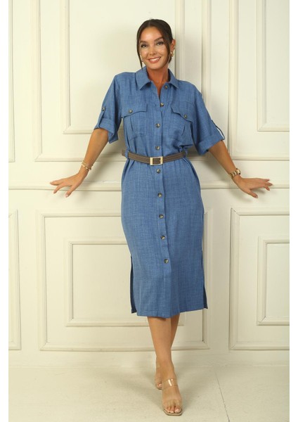 Önü Düğmeli Beli Kemerli Çift Cepli Keten Efektli Uzun Elbise fiyatları