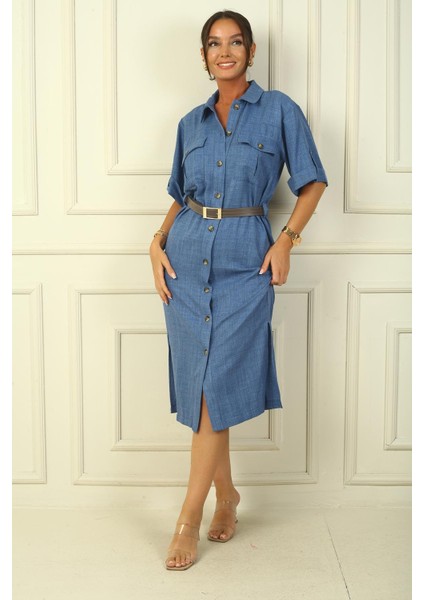 Önü Düğmeli Beli Kemerli Çift Cepli Keten Efektli Uzun Elbise modelleri