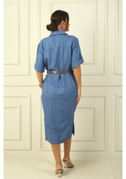 Önü Düğmeli Beli Kemerli Çift Cepli Keten Efektli Uzun Elbise fırsatları