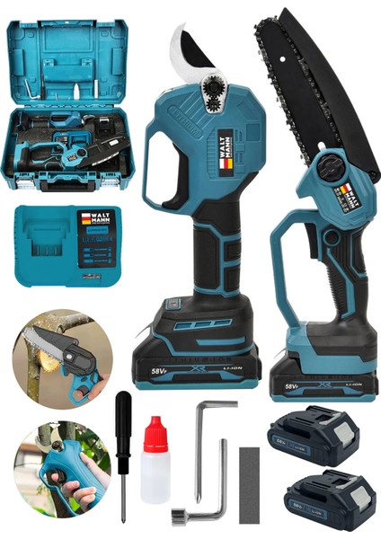 2'li Set 58 Vf 5 Ah Çift Akülü Çelik Şanzıman Şarjlı Dal Budama & Testeresi