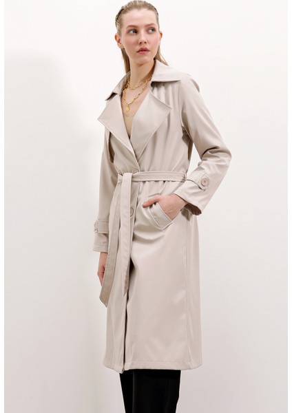 Kruvaze Yaka Bej Trençkot Kadınlar İçin %100 Polyester Şık Tasarım fiyatları