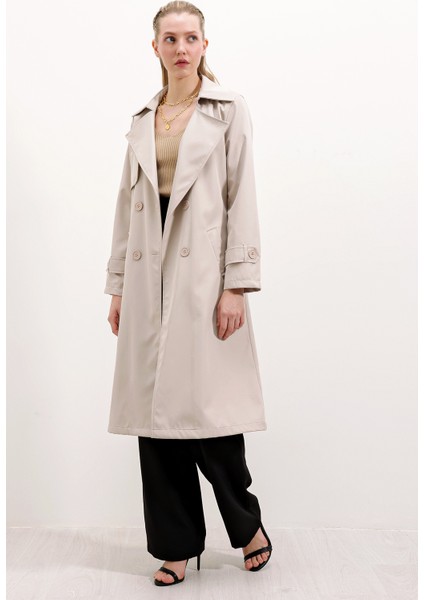 Kruvaze Yaka Bej Trençkot Kadınlar İçin %100 Polyester Şık Tasarım modelleri