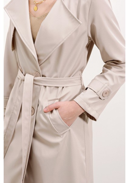 Kruvaze Yaka Bej Trençkot Kadınlar İçin %100 Polyester Şık Tasarım fırsatları