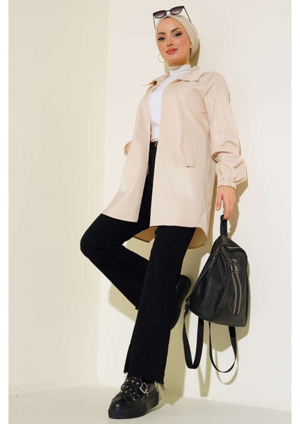 5908 Cep Kapaklı Kısa Trençkot - Bej fiyatları