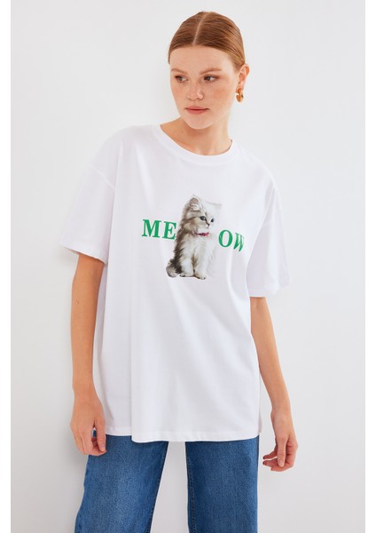 4319 Baskılı Oversize Tişört - Beyaz fiyatları