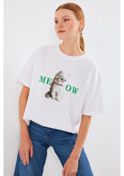 4319 Baskılı Oversize Tişört - Beyaz fırsatları