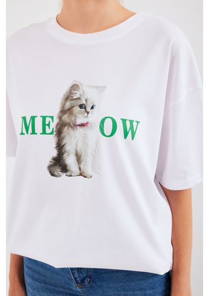 4319 Baskılı Oversize Tişört - Beyaz indirimleri