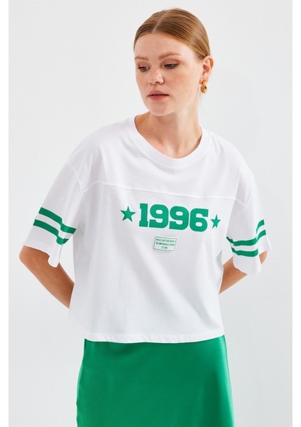4322 Baskılı Oversize Basic Tişört - Beyaz