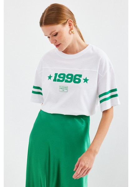 4322 Baskılı Oversize Basic Tişört - Beyaz