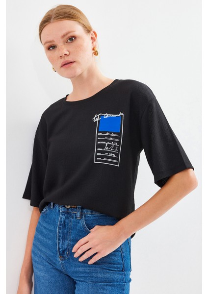 911 Baskılı Örme Basic Tişört - Siyah fiyatları