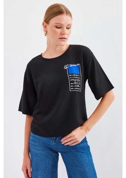 911 Baskılı Örme Basic Tişört - Siyah fırsatları