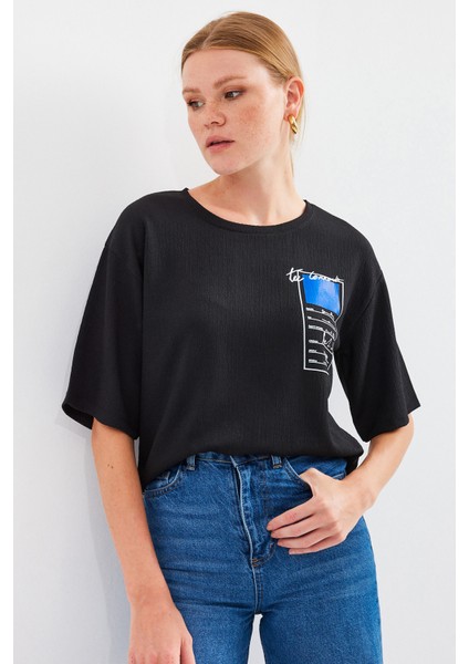 911 Baskılı Örme Basic Tişört - Siyah indirimleri