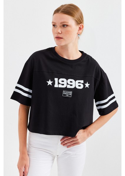 4322 Baskılı Oversize Basic Tişört - Siyah