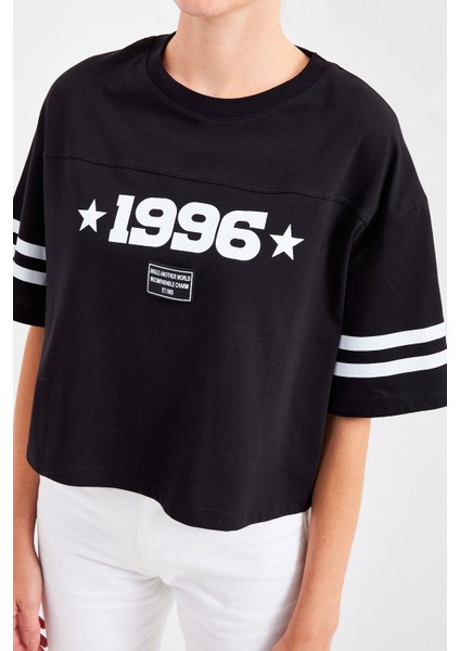 4322 Baskılı Oversize Basic Tişört - Siyah indirimleri