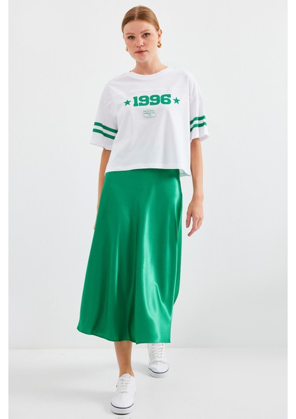 4322 Baskılı Oversize Basic Tişört - Beyaz