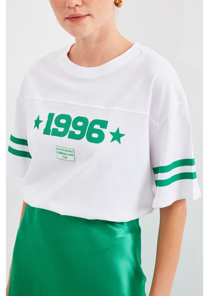 4322 Baskılı Oversize Basic Tişört - Beyaz
