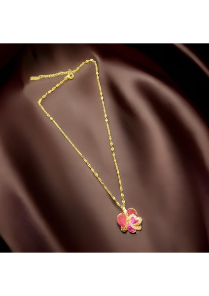 Gold Renk Kristal Pembe Renk Cam Kalp Model 316 L Stainless Steel Çelik Kolye
