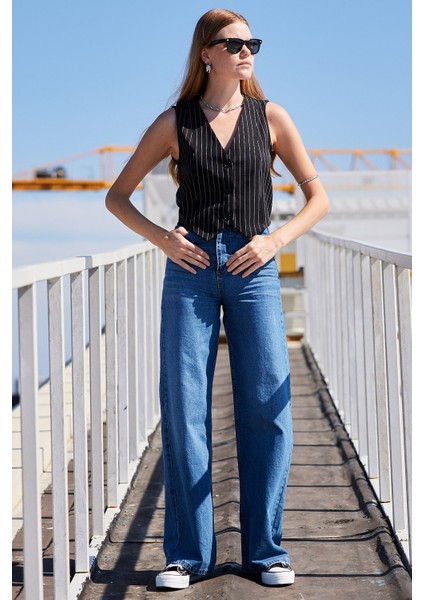 6794 Çizgili Dokuma Yelek - Siyah