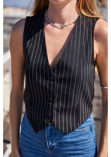 6794 Çizgili Dokuma Yelek - Siyah indirimleri