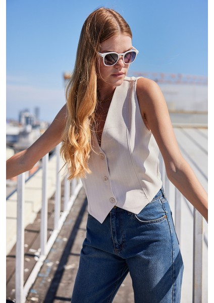 6794 Çizgili Dokuma Yelek - Bej