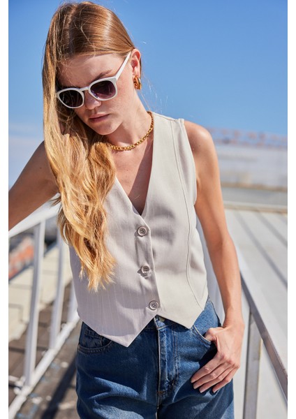 6794 Çizgili Dokuma Yelek - Bej fırsatları