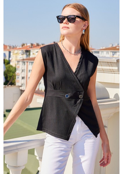 916 Düğme Detaylı Örme Yelek - Siyah