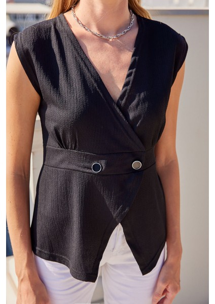 916 Düğme Detaylı Örme Yelek - Siyah fırsatları
