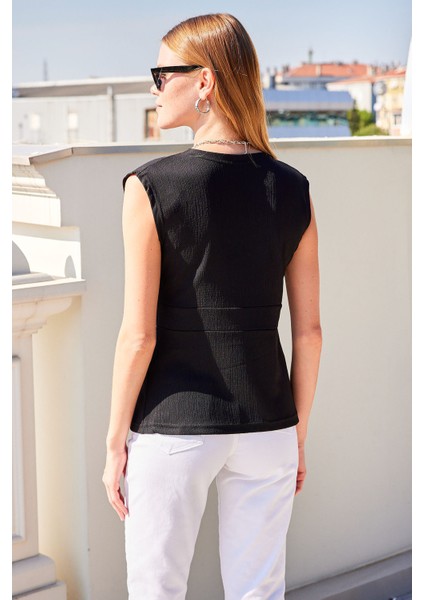 916 Düğme Detaylı Örme Yelek - Siyah indirimleri