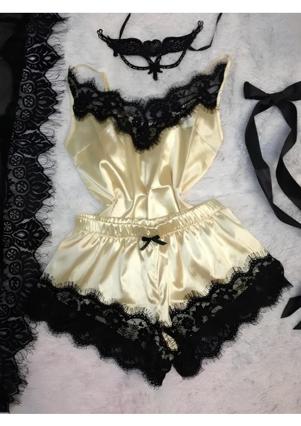 2 Parça Kadın Saten Pijama Takımı Kostüm Giyim Gecelik