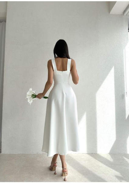 Kadın Kare Yaka Midi Boy Kalın Askı Tasarımlı Siyah Kloş Elbise 151 fiyatları