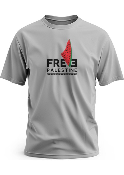 Kısa Kollu Free Palestine Yazısı ve Karpuzlu Filistin Haritası Dijital Baskılı Unisex S - 2xl T300006