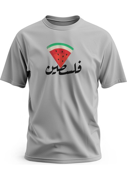 Tişört, Kısa Kollu Arapça Filistin Yazılı Üçgen ve Karpuz Desenli Renkli Baskı